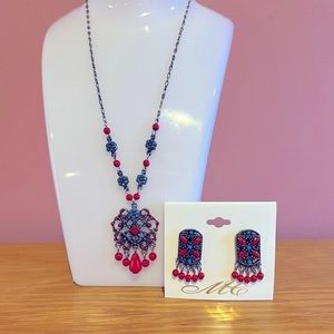 Southwestern Turquoise‎ Blue and Red/Orange  Necklace and Earring Set by MC